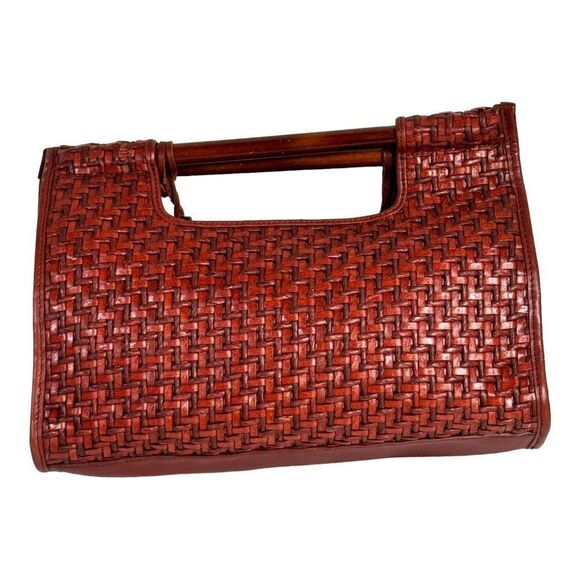 FOSSIL Brick Red Woven Wooden Handle Shoulder Strap Purse Handbag Straw WIcker - Picture 3 of 9